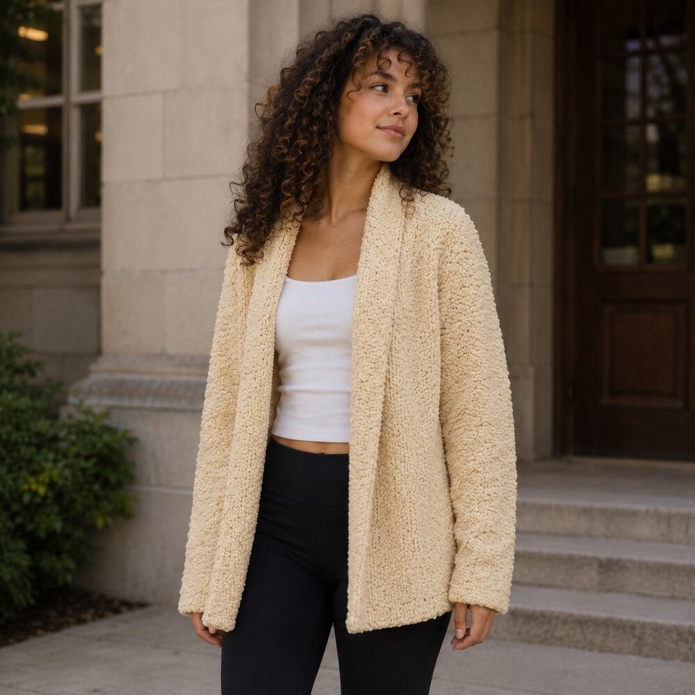Free People Chunky Knit Open Front Cardigan Cream Sz M Bo-Ho Chic Cottagecore